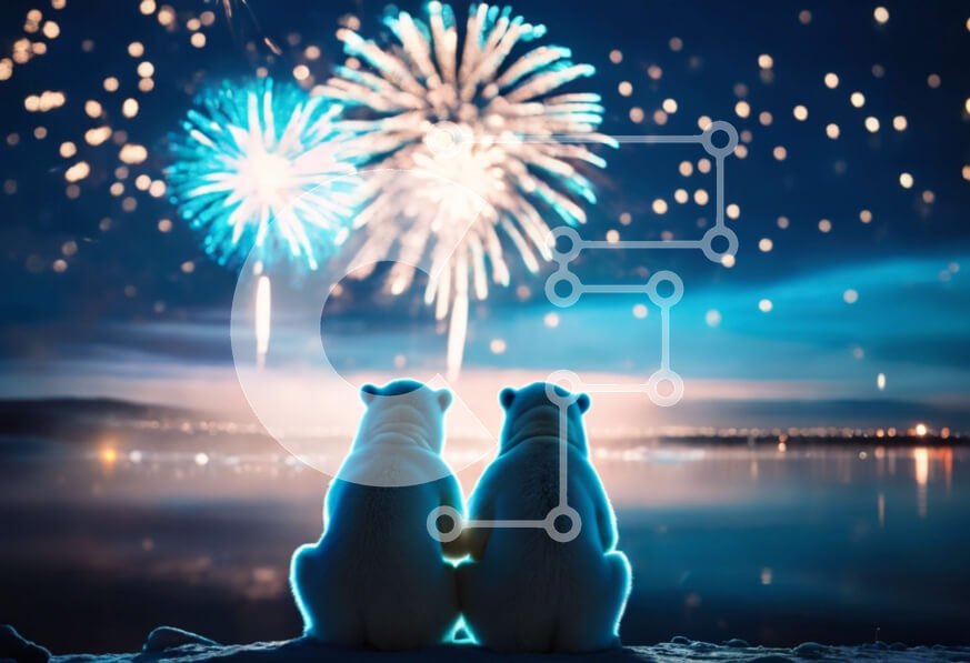 Intra Συλλεκτικό Ξύλινο Παζλ Plywood  4mm - Πολικές αρκούδες που παρακολουθούν πυροτεχνήματα στο χιονισμένο τοπίο Σε Ξύλινο Κουτί - Διαστάσεις: 10x10 cm – 25 κομμάτια