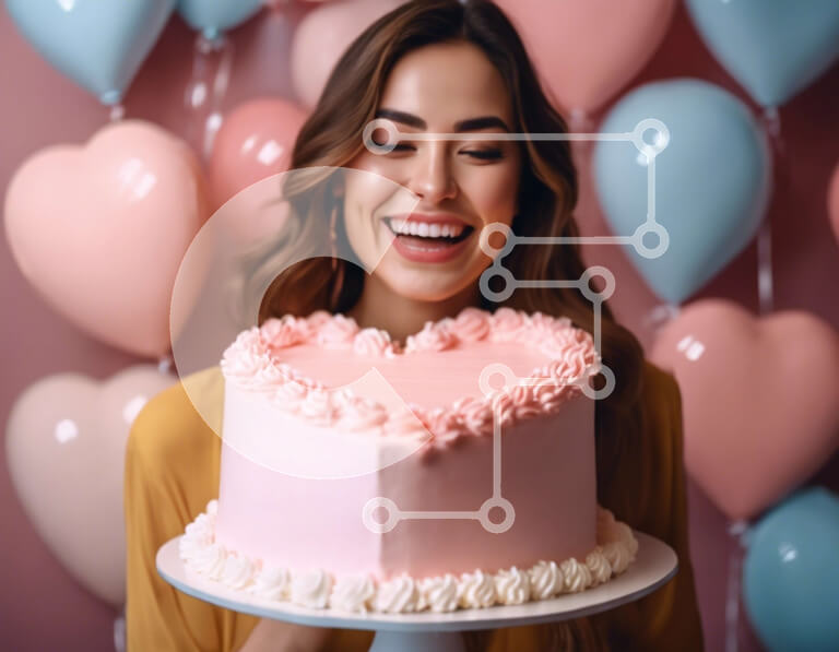 Intra Συλλεκτικό Ξύλινο Παζλ Plywood  4mm - Νεαρή γυναίκα που γιορτάζει με ροζ κέικ σε σχήμα καρδιάς και πολύχρωμα μπαλόνια Σε Ξύλινο Κουτί - Διαστάσεις Puzzle: 10x10 cm – 25 κομμάτια