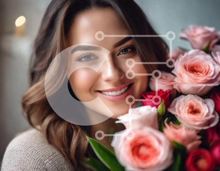 Intra Συλλεκτικό Ξύλινο Παζλ Plywood  4mm - Ευτυχισμένη γυναίκα που κρατά ένα μπουκέτο με ροζ και κόκκινα τριαντάφυλλα Σε Ξύλινο Κουτί - Διαστάσεις Puzzle: 10x10 cm – 25 κομμάτια