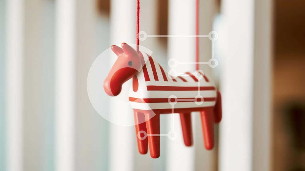 Intra Συλλεκτικό Ξύλινο Παζλ Plywood  4mm - Κόκκινο και άσπρο στολίδι αλόγων που κρέμεται από το κιγκλίδωμα Σε Ξύλινο Κουτί - Διαστάσεις: 10x10 cm – 25 κομμάτια