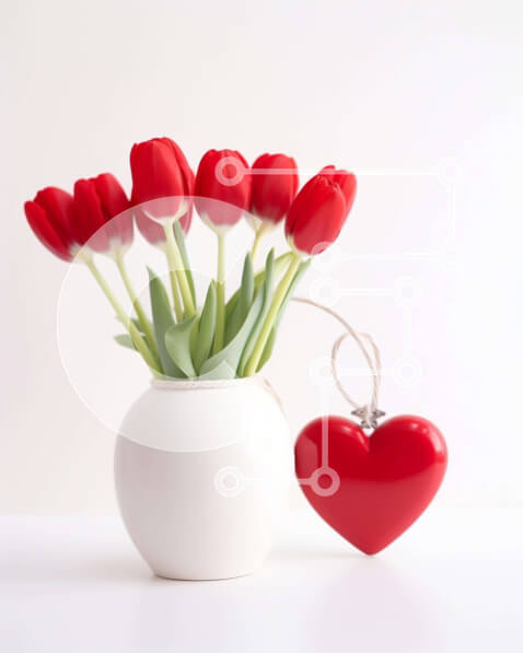 Intra Συλλεκτικό Ξύλινο Παζλ Plywood  4mm - Κόκκινες τουλίπες σε λευκό βάζο με διακόσμηση καρδιά Σε Ξύλινο Κουτί - Διαστάσεις Puzzle: 10x10 cm – 25 κομμάτια