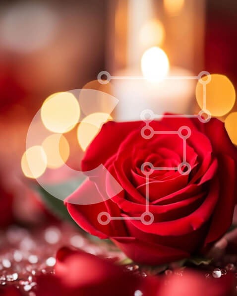 Intra Συλλεκτικό Ξύλινο Παζλ Plywood  4mm - Κόκκινο τριαντάφυλλο σε κομψό τραπέζι με κεριά και φώτα Bokeh Σε Ξύλινο Κουτί - Διαστάσεις Puzzle: 10x10 cm – 25 κομμάτια