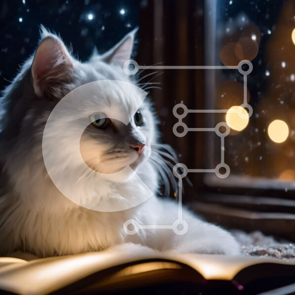 Intra Συλλεκτικό Ξύλινο Παζλ Plywood  4mm - Λευκή γάτα χαλαρώνει σε ένα ανοιχτό βιβλίο με το χιόνι να πέφτει έξω από το παράθυρο Σε Ξύλινο Κουτί - Διαστάσεις: 10x10 cm – 25 κομμάτια