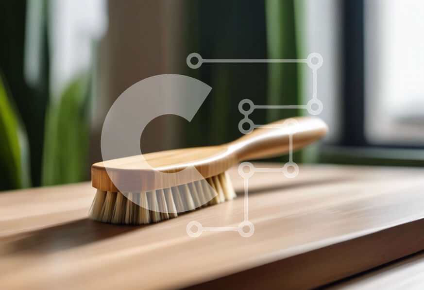 Intra Συλλεκτικό Ξύλινο Παζλ Plywood  4mm - Ξύλινη βούρτσα σε ανοιχτό ξύλινο τραπέζι με πράσινο φυτό στο φόντο Σε Ξύλινο Κουτί - Διαστάσεις: 10x10 cm – 25 κομμάτια