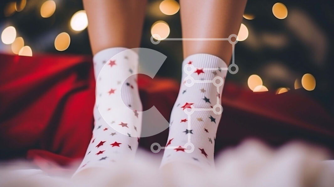 Intra Συλλεκτικό Ξύλινο Παζλ Plywood  4mm - Γυναίκα που φορά λευκές κάλτσες με σχέδια με αστέρια μπροστά από ένα χριστουγεννιάτικο δέντρο Σε Ξύλινο Κουτί - Διαστάσεις: 10x10 cm – 25 κομμάτια