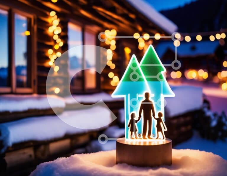 Intra Συλλεκτικό Ξύλινο Παζλ Plywood  4mm - Οικογενειακή σιλουέτα με χριστουγεννιάτικο δέντρο σε χιονισμένο τοπίο Σε Ξύλινο Κουτί - Διαστάσεις: 10x10 cm – 25 κομμάτια