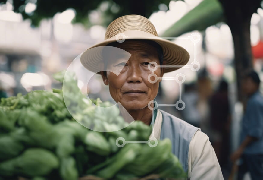 Intra Συλλεκτικό Ξύλινο Παζλ Plywood  4mm - Ασιάτης που κουβαλά ένα καλάθι με πράσινα στην αγορά Σε Ξύλινο Κουτί - Διαστάσεις Puzzle: 10x10 cm – 25 κομμάτια