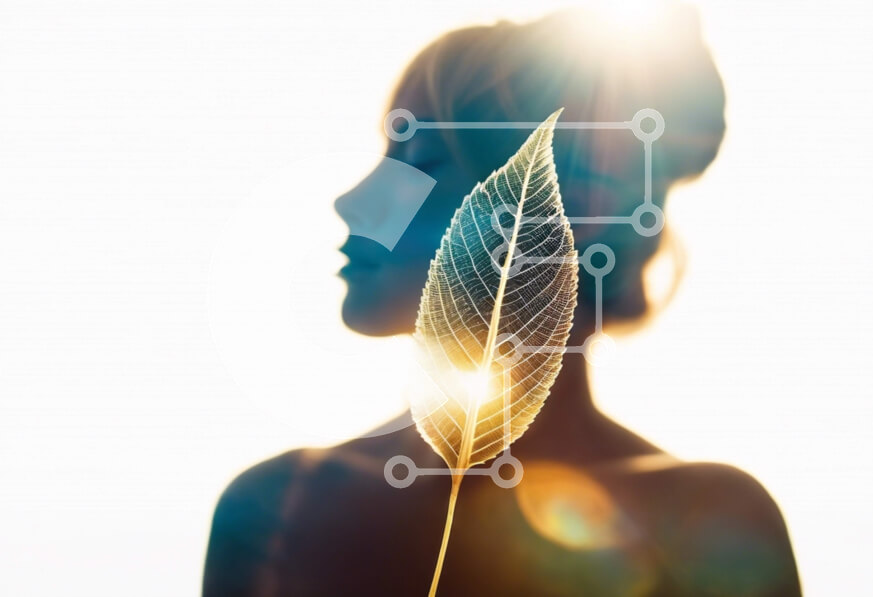 Intra Συλλεκτικό Ξύλινο Παζλ Plywood  4mm - Σιλουέτα μιας γυναίκας που κρατά πράσινα φύλλα Σε Ξύλινο Κουτί - Διαστάσεις Puzzle: 10x10 cm – 25 κομμάτια