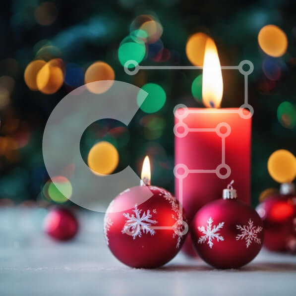 Intra Συλλεκτικό Ξύλινο Παζλ Plywood  4mm - Κόκκινα κεριά και χριστουγεννιάτικα στολίδια σε φόντο νιφάδες χιονιού Σε Ξύλινο Κουτί - Διαστάσεις: 10x10 cm – 25 κομμάτια