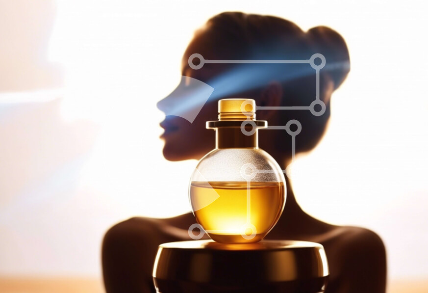 Intra Συλλεκτικό Ξύλινο Παζλ Plywood  4mm - Γυναίκα που κρατά το μπουκάλι αρώματος μέχρι το πρόσωπό της Σε Ξύλινο Κουτί - Διαστάσεις Puzzle: 10x10 cm – 25 κομμάτια