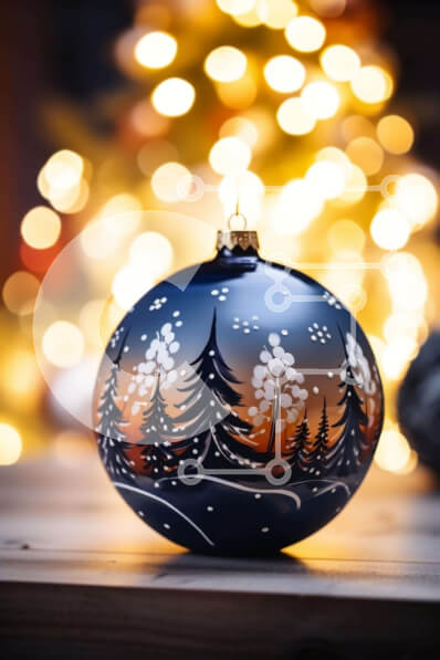 Intra Συλλεκτικό Ξύλινο Παζλ Plywood  4mm - Μαύρη Χριστουγεννιάτικη μπάλα με πεύκα και νιφάδες χιονιού σε ξύλινο τραπέζι Σε Ξύλινο Κουτί - Διαστάσεις: 10x10 cm – 25 κομμάτια