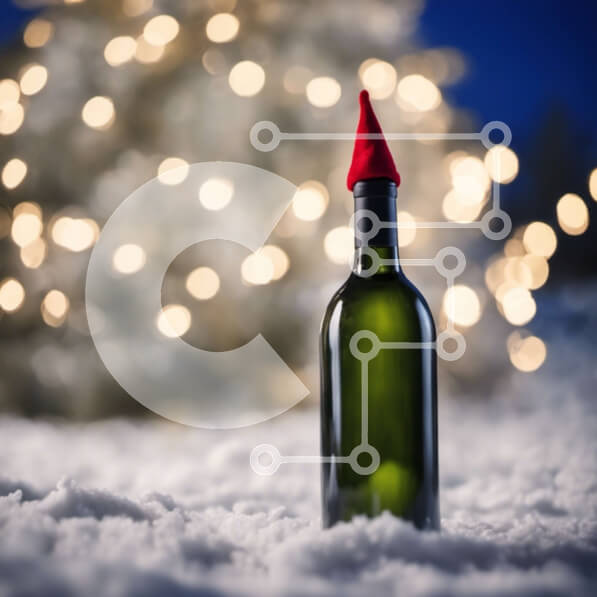 Intra Συλλεκτικό Ξύλινο Παζλ Plywood  4mm - Μπουκάλι πράσινου κρασιού με κόκκινο καπέλο ξωτικού στο χιόνι Σε Ξύλινο Κουτί - Διαστάσεις Puzzle: 10x10 cm – 25 κομμάτια