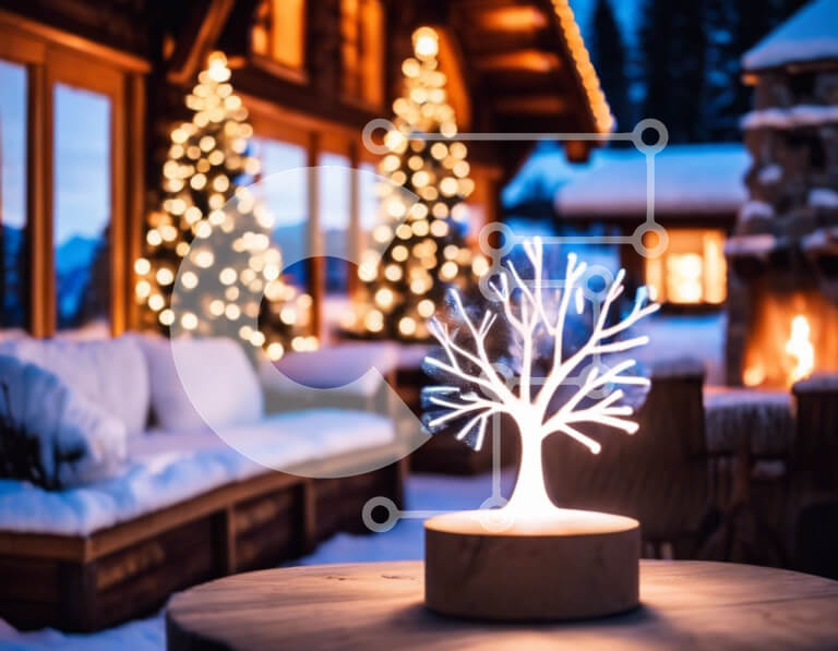 Intra Συλλεκτικό Ξύλινο Παζλ Plywood  4mm - Διακόσμηση διακοπών με φωτιστικό σε σχήμα δέντρου και χιονισμένα δέντρα Σε Ξύλινο Κουτί - Διαστάσεις: 10x10 cm – 25 κομμάτια