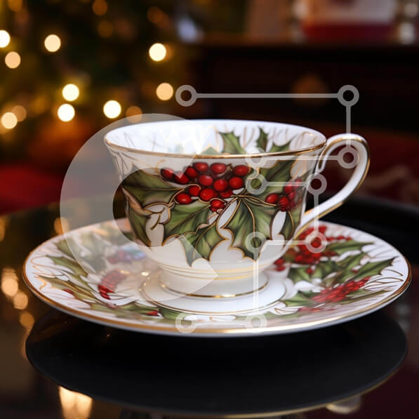 Intra Συλλεκτικό Ξύλινο Παζλ Plywood  4mm - Χριστουγεννιάτικο φλιτζάνι και πιατάκι με μούρα πουρνάρι και χριστουγεννιάτικα λαμπάκια Σε Ξύλινο Κουτί - Διαστάσεις: 10x10 cm – 25 κομμάτια