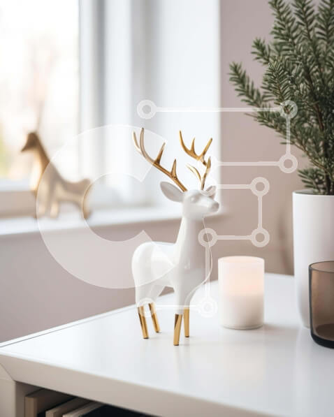 Intra Συλλεκτικό Ξύλινο Παζλ Plywood  4mm - Λευκό και χρυσό ειδώλιο ελαφιού στο τραπέζι με φυτό σε γλάστρα σε γιορτινά διακοσμημένο δωμάτιο Σε Ξύλινο Κουτί - Διαστάσεις Puzzle: 10x10 cm – 25 κομμάτια