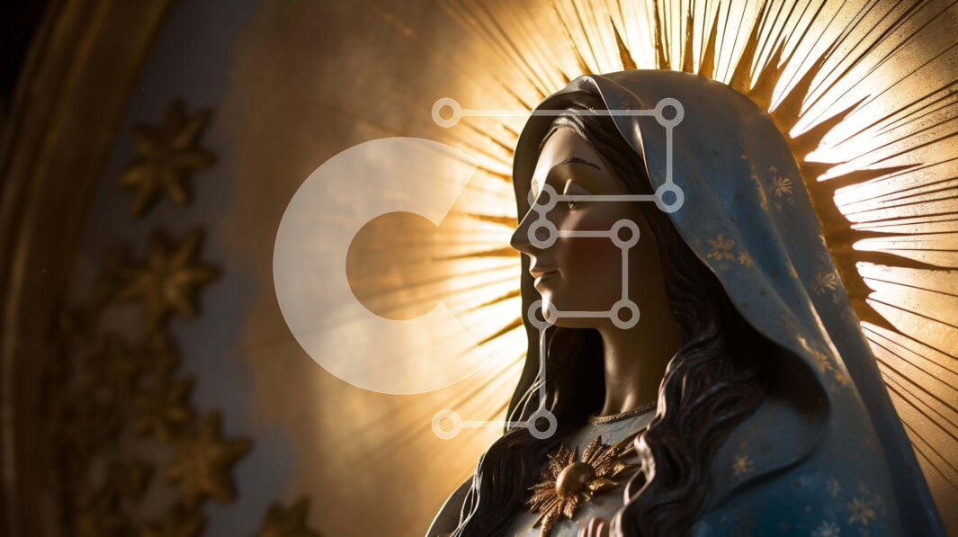 Intra Συλλεκτικό Ξύλινο Παζλ Plywood  4mm - Άγαλμα της Παναγίας μπροστά από έναν φωτισμένο έναστρο ουρανό Σε Ξύλινο Κουτί - Διαστάσεις Puzzle: 10x10 cm – 25 κομμάτια