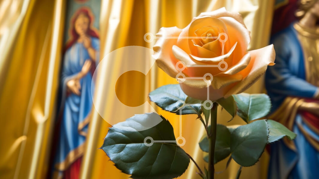 Intra Συλλεκτικό Ξύλινο Παζλ Plywood  4mm - Πορτοκαλί τριαντάφυλλο με θρησκευτικούς πίνακες στο φόντο Σε Ξύλινο Κουτί - Διαστάσεις Puzzle: 10x10 cm – 25 κομμάτια