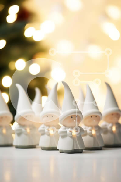 Intra Συλλεκτικό Ξύλινο Παζλ Plywood  4mm - Ομάδα λευκών ειδωλίων Gnome μπροστά από ένα φωτισμένο χριστουγεννιάτικο δέντρο Σε Ξύλινο Κουτί - Διαστάσεις: 10x10 cm – 25 κομμάτια