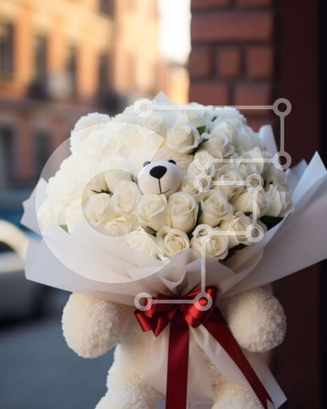 Intra Συλλεκτικό Ξύλινο Παζλ Plywood  4mm - Μπουκέτο με λευκά τριαντάφυλλα με εορταστική αρκούδα Σε Ξύλινο Κουτί - Διαστάσεις Puzzle: 10x10 cm – 25 κομμάτια