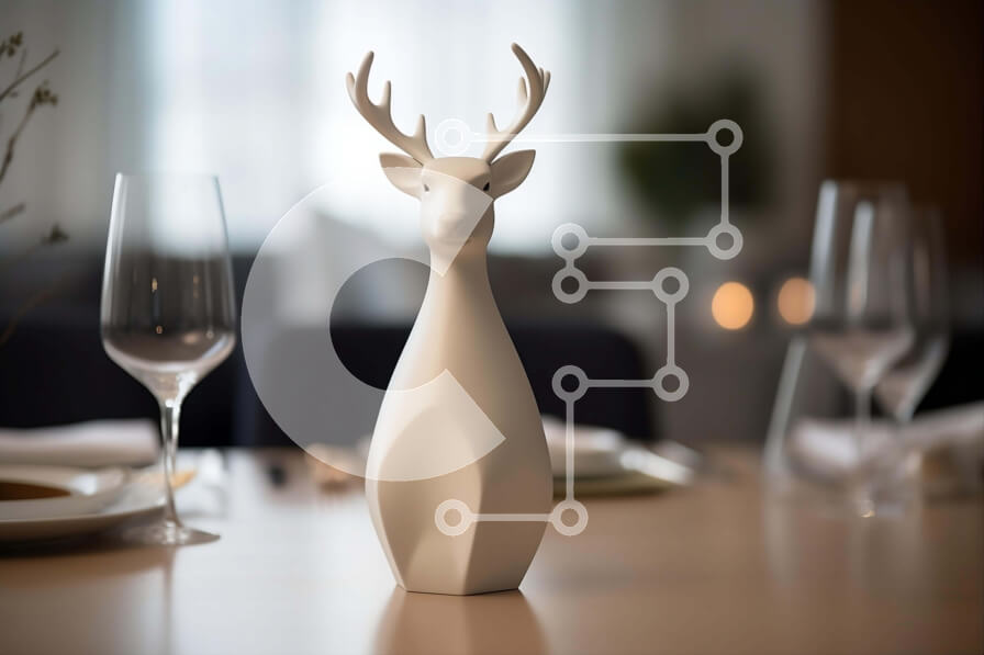 Intra Συλλεκτικό Ξύλινο Παζλ Plywood  4mm - Γλυπτό με κεφάλι λευκού ελαφιού σε τραπέζι φαγητού με ποτήρια κρασιού Σε Ξύλινο Κουτί - Διαστάσεις Puzzle: 10x10 cm – 25 κομμάτια