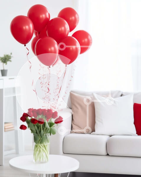 Intra Συλλεκτικό Ξύλινο Παζλ Plywood  4mm - Σαλόνι διακοσμημένο με κόκκινα τριαντάφυλλα και μπαλόνια Σε Ξύλινο Κουτί - Διαστάσεις Puzzle: 10x10 cm – 25 κομμάτια