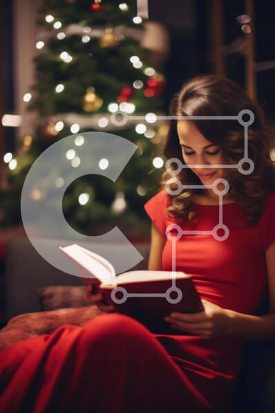 Intra Συλλεκτικό Ξύλινο Παζλ Plywood  4mm - Νεαρή γυναίκα που διαβάζει δίπλα στο χριστουγεννιάτικο δέντρο Σε Ξύλινο Κουτί - Διαστάσεις: 10x10 cm – 25 κομμάτια