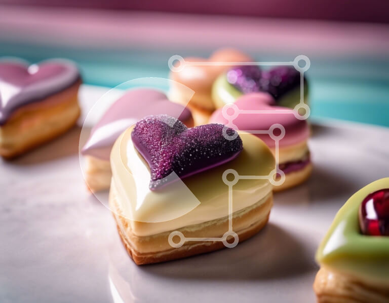 Σετ των 2 Intra Συλλεκτικό Ξύλινο Παζλ Plywood  4mm - Πολύχρωμα αρτοσκευάσματα σε σχήμα καρδιάς σε λευκό πιάτο Σε Ξύλινο Κουτί - Διαστάσεις: 10x10 cm – 25 κομμάτια