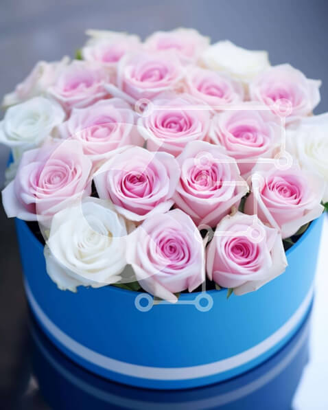 Intra Συλλεκτικό Ξύλινο Παζλ Plywood  4mm - Floral σύνθεση με ροζ και λευκά τριαντάφυλλα σε μπλε κουτί Σε Ξύλινο Κουτί - Διαστάσεις: 10x10 cm – 25 κομμάτια