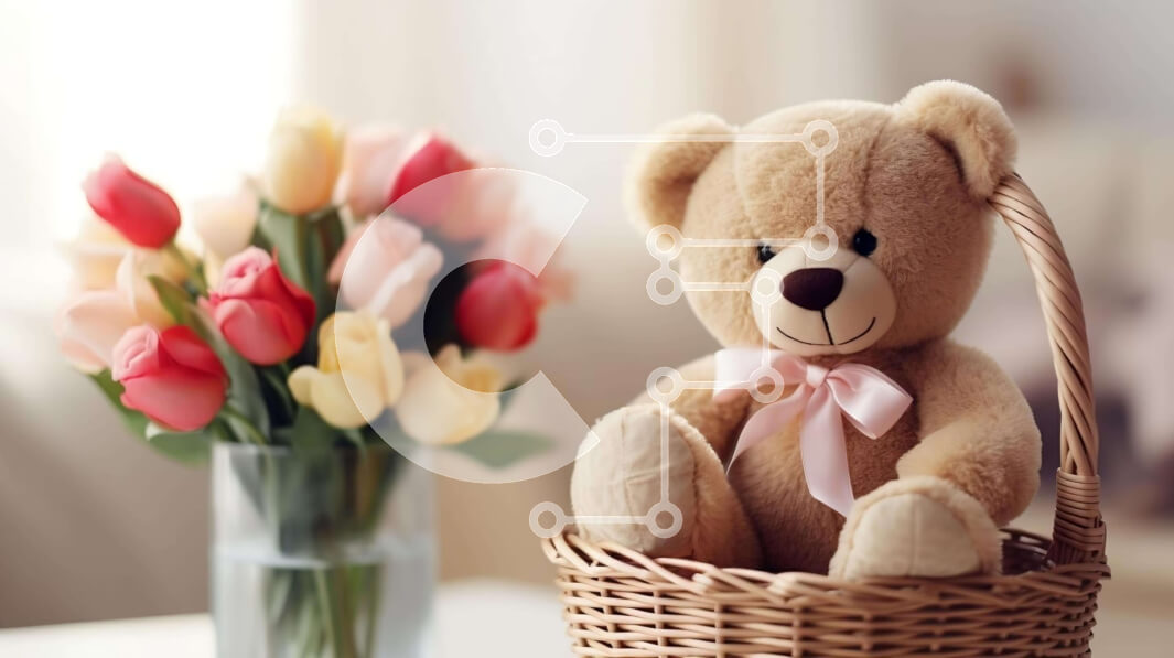 Intra Συλλεκτικό Ξύλινο Παζλ Plywood  4mm - Teddy Bear με λουλούδια σε ένα καλάθι Σε Ξύλινο Κουτί - Διαστάσεις Puzzle: 10x10 cm – 25 κομμάτια