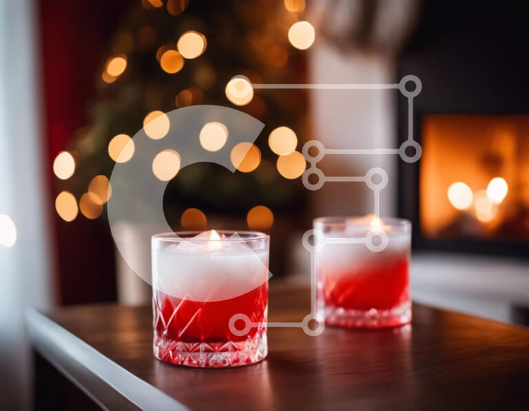 Intra Συλλεκτικό Ξύλινο Παζλ Plywood  4mm - Κόκκινα ποτήρια σε ξύλινο τραπέζι με διακοσμητικό χριστουγεννιάτικο δέντρο Σε Ξύλινο Κουτί - Διαστάσεις Puzzle: 10x10 cm – 25 κομμάτια