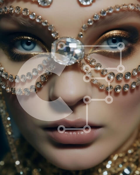 Intra Συλλεκτικό Ξύλινο Παζλ Plywood  4mm - Εκπληκτική γυναίκα που φορά μια μάσκα από χρυσό και διαμάντι με μπλε σκιά ματιών και ροζ χείλη Σε Ξύλινο Κουτί - Διαστάσεις Puzzle: 10x10 cm – 25 κομμάτια