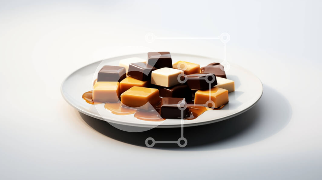 Σετ των 2 Intra Συλλεκτικό Ξύλινο Παζλ Plywood  4mm - Λαχταριστοί κύβοι σοκολάτας με σάλτσα καραμέλας σε λευκό πιάτο Σε Ξύλινο Κουτί - Διαστάσεις: 10x10 cm – 25 κομμάτια