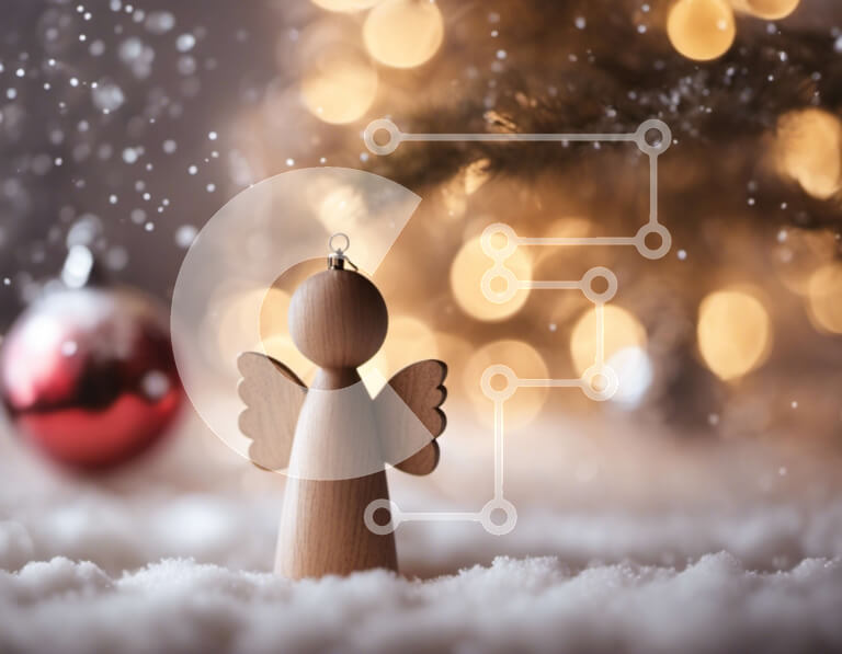 Intra Συλλεκτικό Ξύλινο Παζλ Plywood  4mm - Ξύλινο ειδώλιο αγγέλου στο χιόνι με διακοσμήσεις διακοπών Σε Ξύλινο Κουτί - Διαστάσεις: 10x10 cm – 25 κομμάτια