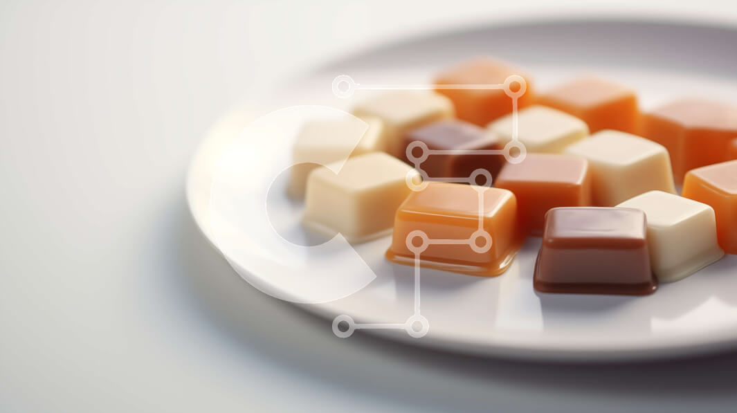 Σετ των 2 Intra Συλλεκτικό Ξύλινο Παζλ Plywood  4mm - Ανάμεικτα τετράγωνα καραμέλας σε ένα λευκό πιάτο Σε Ξύλινο Κουτί - Διαστάσεις: 10x10 cm – 25 κομμάτια