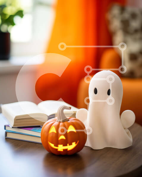 Intra Συλλεκτικό Ξύλινο Παζλ Plywood  4mm - Άσπρο ειδώλιο φάντασμα σε μια πορτοκαλί κολοκύθα Σε Ξύλινο Κουτί - Διαστάσεις Puzzle: 10x10 cm – 25 κομμάτια