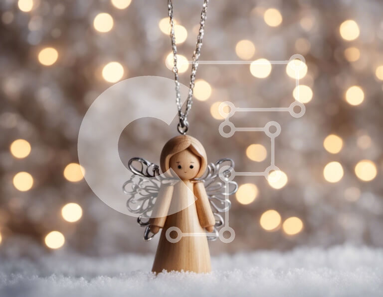 Intra Συλλεκτικό Ξύλινο Παζλ Plywood  4mm - Ξύλινο ειδώλιο αγγέλου με κολιέ σε χιονισμένο φόντο Σε Ξύλινο Κουτί - Διαστάσεις Puzzle: 10x10 cm – 25 κομμάτια