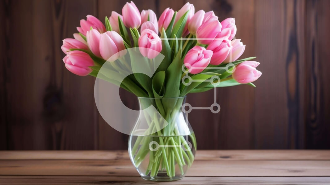 Intra Συλλεκτικό Ξύλινο Παζλ Plywood  4mm - Ροζ τουλίπες σε διάφανο βάζο σε ξύλινο τραπέζι Σε Ξύλινο Κουτί - Διαστάσεις: 10x10 cm – 25 κομμάτια