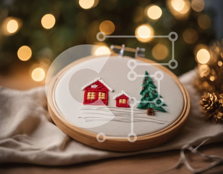 Intra Συλλεκτικό Ξύλινο Παζλ Plywood  4mm - Τσέρκι Κεντήματος με Ξύλινο Σπίτι και Νιφάδες Χιονιού Σε Ξύλινο Κουτί - Διαστάσεις: 10x10 cm – 25 κομμάτια