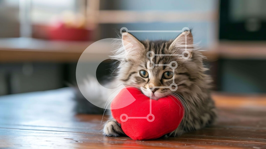 Σετ των 2 Intra Συλλεκτικό Ξύλινο Παζλ Plywood  4mm - Παιχνιδιάρικη γάτα με μαξιλάρι σε σχήμα καρδιάς Σε Ξύλινο Κουτί - Διαστάσεις: 10x10 cm – 25 κομμάτια