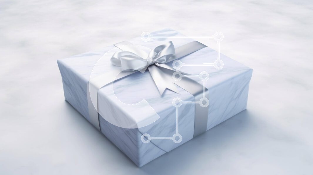 Intra Συλλεκτικό Ξύλινο Παζλ Plywood  4mm - Λευκό δώρο με ασημένια κορδέλα σε χιονισμένο φόντο Σε Ξύλινο Κουτί - Διαστάσεις: 10x10 cm – 25 κομμάτια