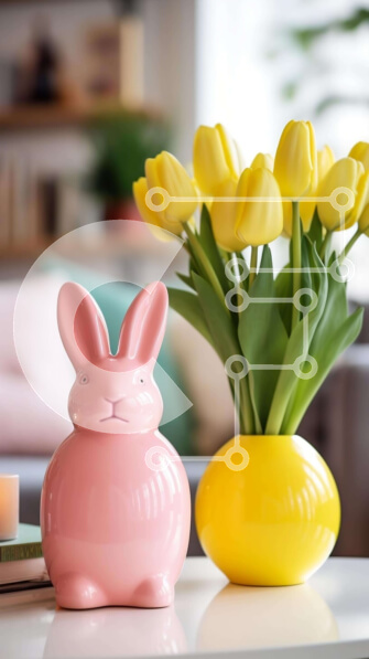 Intra Συλλεκτικό Ξύλινο Παζλ Plywood  4mm - Ροζ βάζο σε σχήμα λαγουδάκι με κίτρινες τουλίπες και βιβλία στο τραπεζάκι του σαλονιού Σε Ξύλινο Κουτί - Διαστάσεις Puzzle: 10x10 cm – 25 κομμάτια