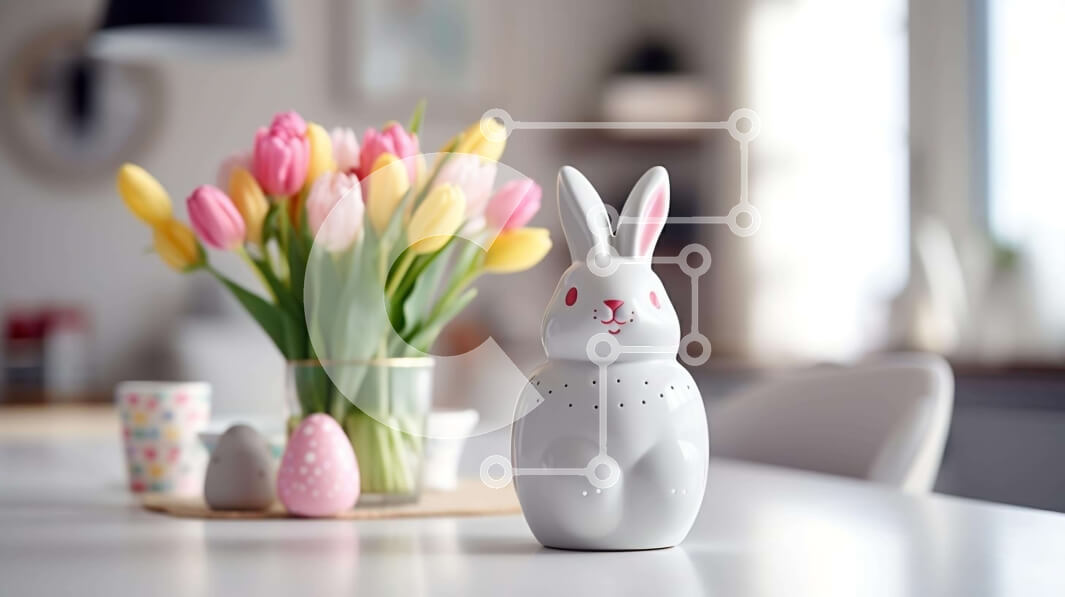 Intra Συλλεκτικό Ξύλινο Παζλ Plywood  4mm - Λευκό ειδώλιο λαγουδάκι και τουλίπες στο τραπέζι φαγητού Σε Ξύλινο Κουτί - Διαστάσεις: 10x10 cm – 25 κομμάτια