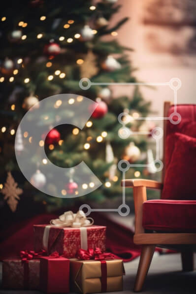 Intra Συλλεκτικό Ξύλινο Παζλ Plywood  4mm - Κόκκινη καρέκλα μπροστά από το στολισμένο χριστουγεννιάτικο δέντρο Σε Ξύλινο Κουτί - Διαστάσεις: 10x10 cm – 25 κομμάτια