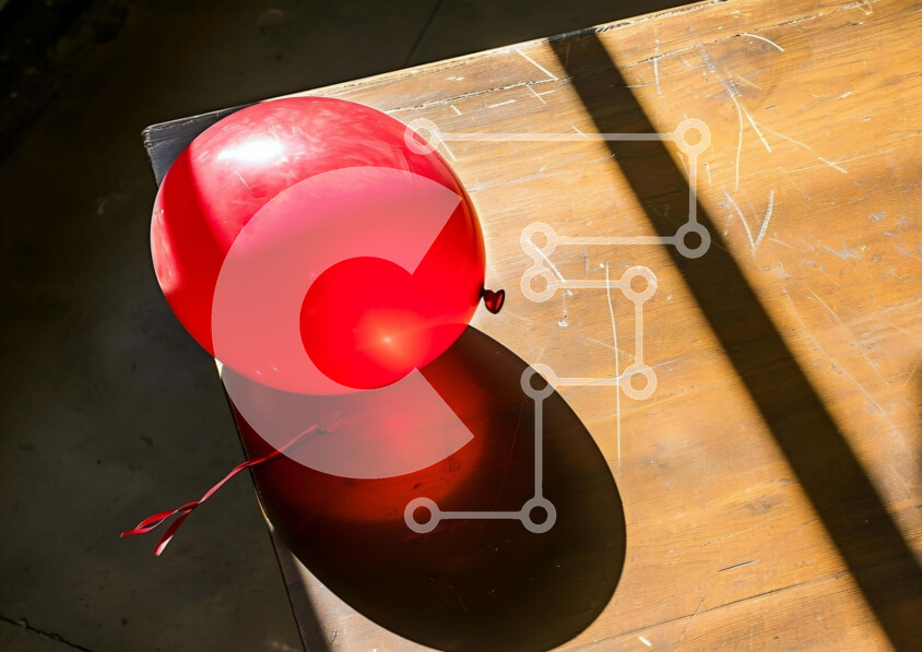 Intra Συλλεκτικό Ξύλινο Παζλ Plywood  4mm - Κόκκινο μπαλόνι σε ημιτελές ξύλινο τραπέζι Σε Ξύλινο Κουτί - Διαστάσεις: 10x10 cm – 25 κομμάτια