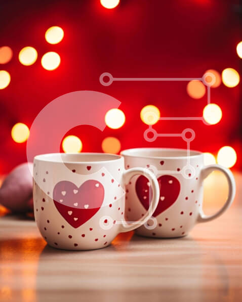 Σετ των 2 Intra Συλλεκτικό Ξύλινο Παζλ Plywood  4mm - Κούπες καφέ για την ημέρα του Αγίου Βαλεντίνου σε ένα ξύλινο τραπέζι Σε Ξύλινο Κουτί - Διαστάσεις: 10x10 cm – 25 κομμάτια