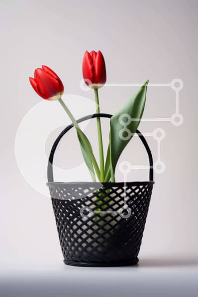 Σετ των 2 Intra Συλλεκτικό Ξύλινο Παζλ Plywood  4mm - Δύο κόκκινες τουλίπες σε ένα μαύρο καλάθι σε λευκό φόντο Σε Ξύλινο Κουτί - Διαστάσεις: 10x10 cm – 25 κομμάτια