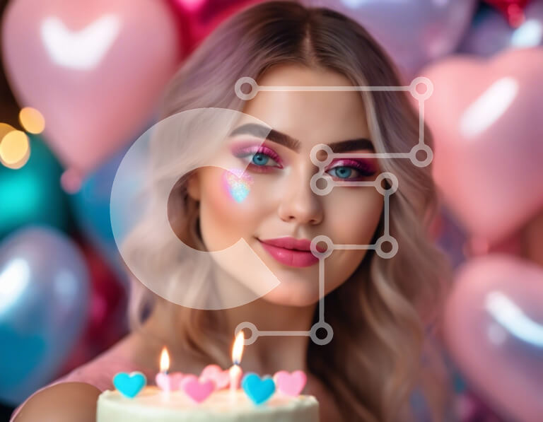 Intra Συλλεκτικό Ξύλινο Παζλ Plywood  4mm - Γιορτάζοντας με στυλ - Νεαρή γυναίκα με τούρτα γενεθλίων και πολύχρωμα μπαλόνια Σε Ξύλινο Κουτί - Διαστάσεις Puzzle: 10x10 cm – 25 κομμάτια