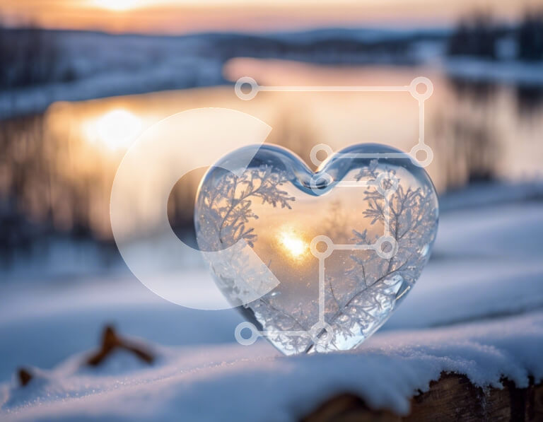 Intra Συλλεκτικό Ξύλινο Παζλ Plywood  4mm - Γυάλινο αντικείμενο σε σχήμα καρδιάς στο χιόνι στο ηλιοβασίλεμα Σε Ξύλινο Κουτί - Διαστάσεις Puzzle: 10x10 cm – 25 κομμάτια