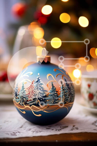 Intra Συλλεκτικό Ξύλινο Παζλ Plywood  4mm - Μπλε χριστουγεννιάτικο στολίδι με πεύκα σε γιορτινό τραπέζι Σε Ξύλινο Κουτί - Διαστάσεις: 10x10 cm – 25 κομμάτια