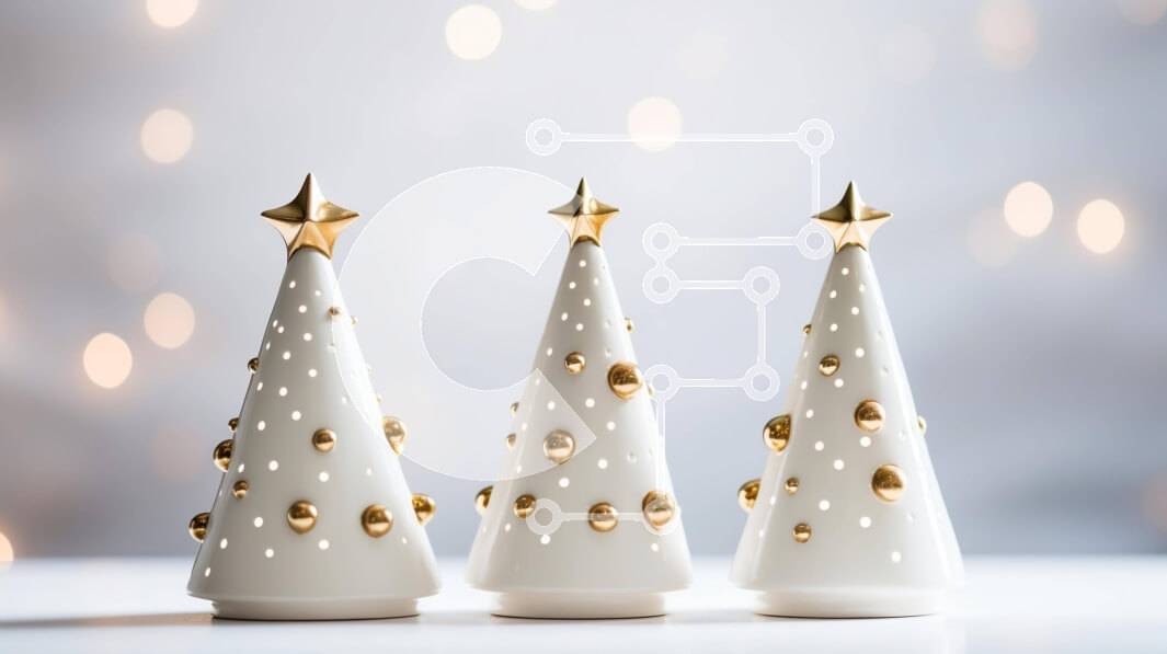 Intra Συλλεκτικό Ξύλινο Παζλ Plywood  4mm - Λευκά και χρυσά κεραμικά χριστουγεννιάτικα δέντρα σε ένα εορταστικό τραπέζι Σε Ξύλινο Κουτί - Διαστάσεις: 10x10 cm – 25 κομμάτια